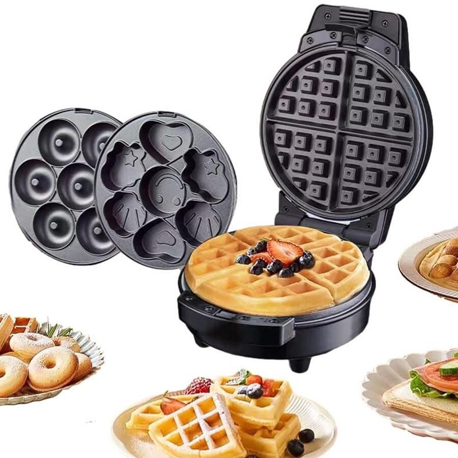 3 in 1 Elektrische Wafel en Donut Maker met Verwisselbare Platen voor Snack Cakes