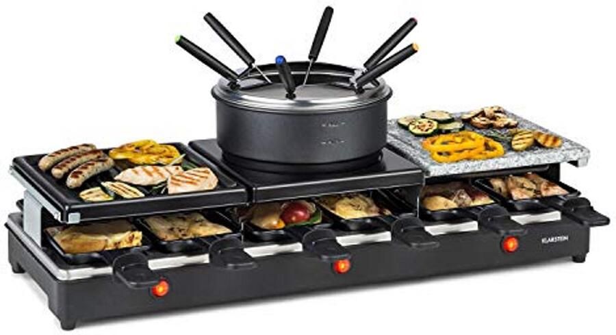3-in-1 Fondue en Raclette Grill 1650 Watt met Crepe Plaat en Individuele Verwarmingselementen voor Tot 12 Personen