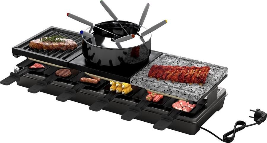 3-in-1 Gourmetstel 12 Personen – Raclette Grill met Fonduepan Natuursteen en Grillplaat – 1650W Tafelgrill met 12 Pannetjes