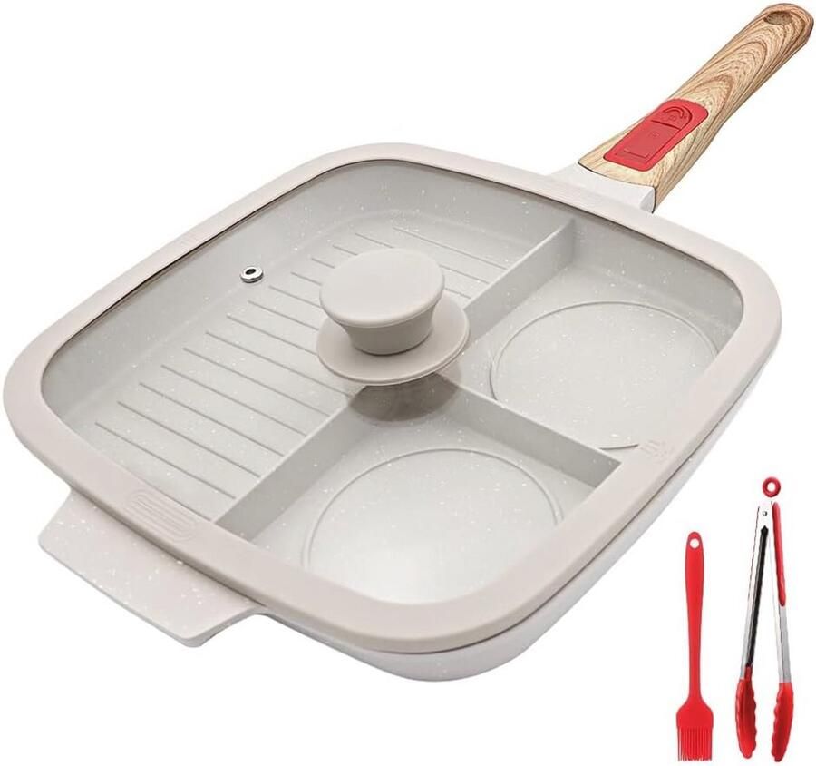 3-in-1 Grillpan met Deksel en Afneembare Handgreep voor Inductie en Gas Wit