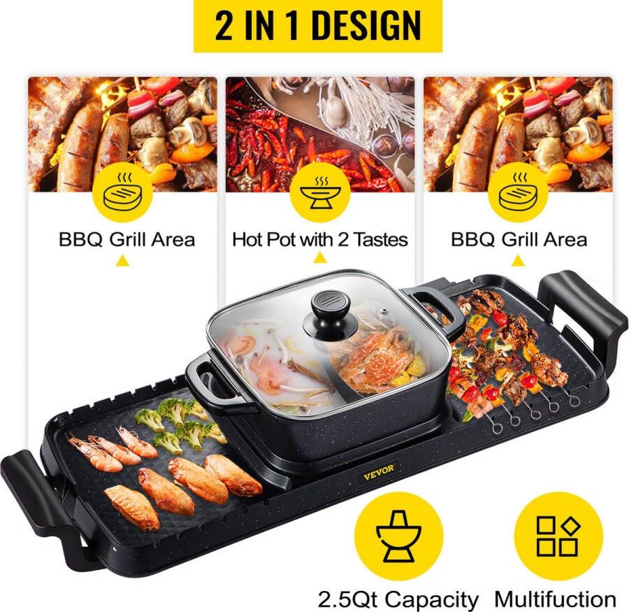 3 in 1 Hotpot Pan Hotpot Elektrisch Elektrische BBQ Chinese Fondue Gourmetstel 2400W Zwart