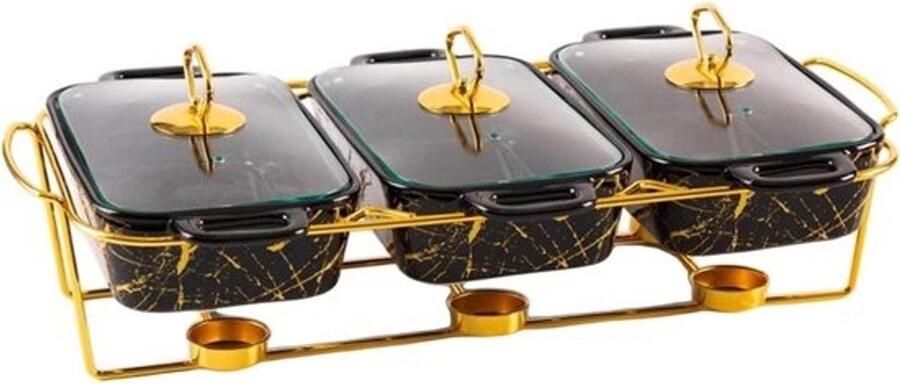 3-in-1 keramische buffetwarmerset buffetverwarmer verwarmingselementen voor levensmiddelen buffet en warmterset met glazen deksel voor verjaardag bruiloft zwart