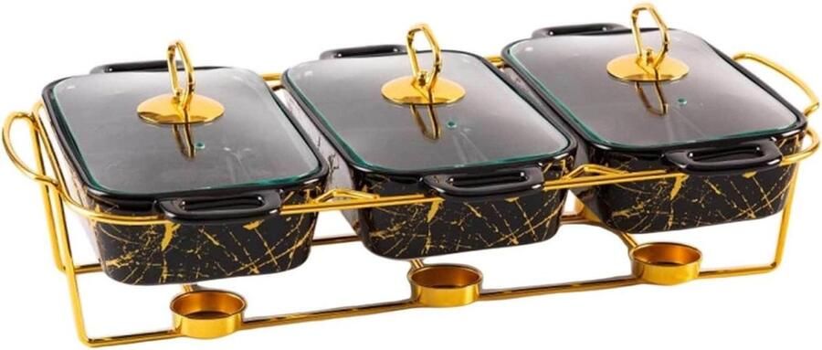3-in-1 keramische buffetwarmerset buffetverwarmer verwarmingselementen voor levensmiddelen buffet en warmterset met glazen deksel voor verjaardag bruiloft zwart