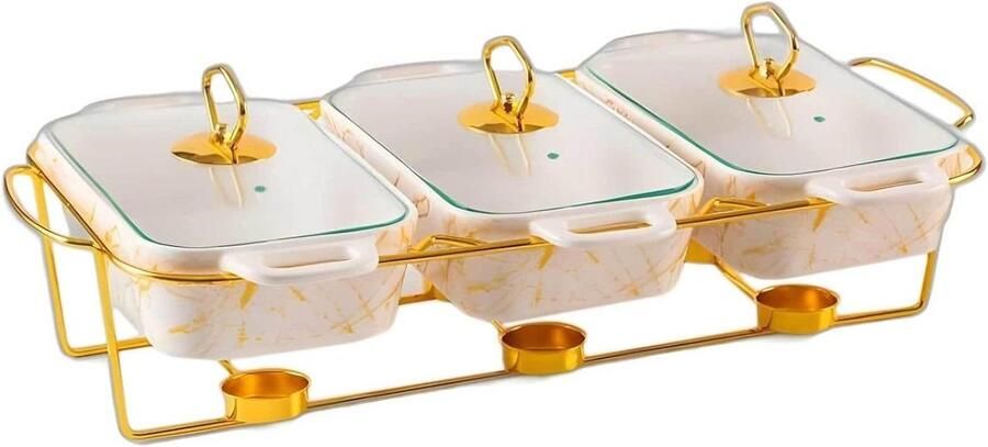 3-in-1 keramische buffetwarmerset buffetverwarmer verwarmingselementen voor levensmiddelen buffet en warmterset met glazen deksel voor verjaardag bruiloft wit