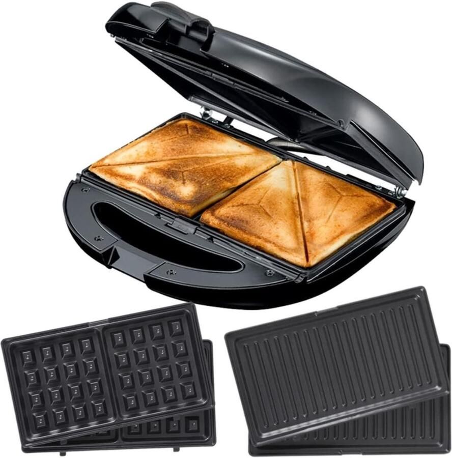 3-in-1 Keukenapparaat Wafelijzer Grill Maaltijden Bereiden Drie Verwisselbare Platen 850 Watt Zwart