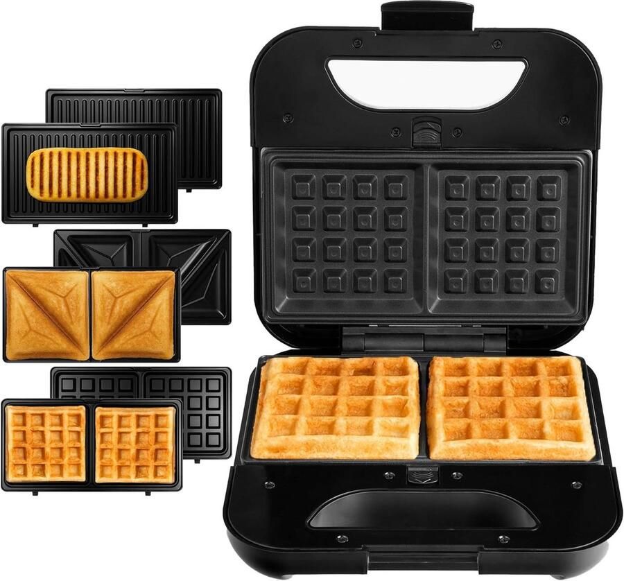 3-in-1 Keukenapparaat Wafelijzer Grill Snelle Snacks Maken Verwisselbare Platen 800 Watt Zilver Zwart