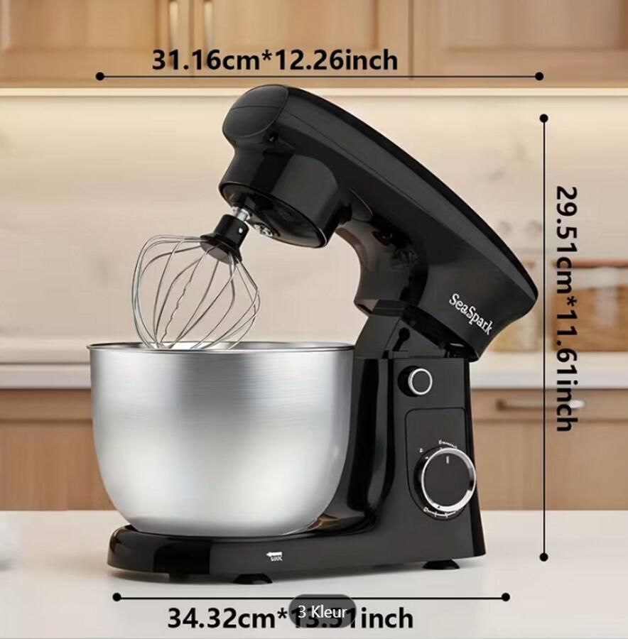 3-IN-1 Keukenstaande Mixer 10-snelheden Kantelbare Mixer met Pulsfunctie Inclusief 5 5L RVS Kom Deeghaak Mixer Eierklopper Spate Roeren Noedels kneden Eieren kloppen Slagroom Afwijzen