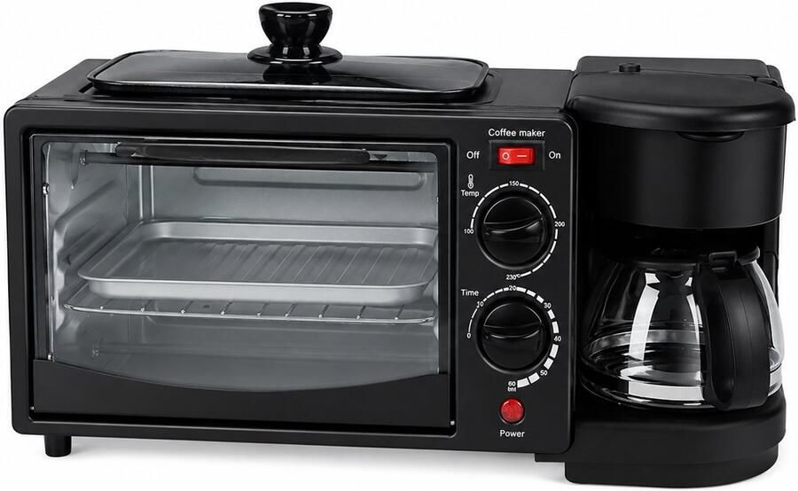3-in-1 Ontbijtstation Mini Oven 9 Liter Koffiezetapparaat 600ml Broodrooster en Bakplaat Multifunctioneel Keukenapparaat Zwart Temperatuurregeling 100-230°C Voor Ontbijt Brunch en Kleine Keukens