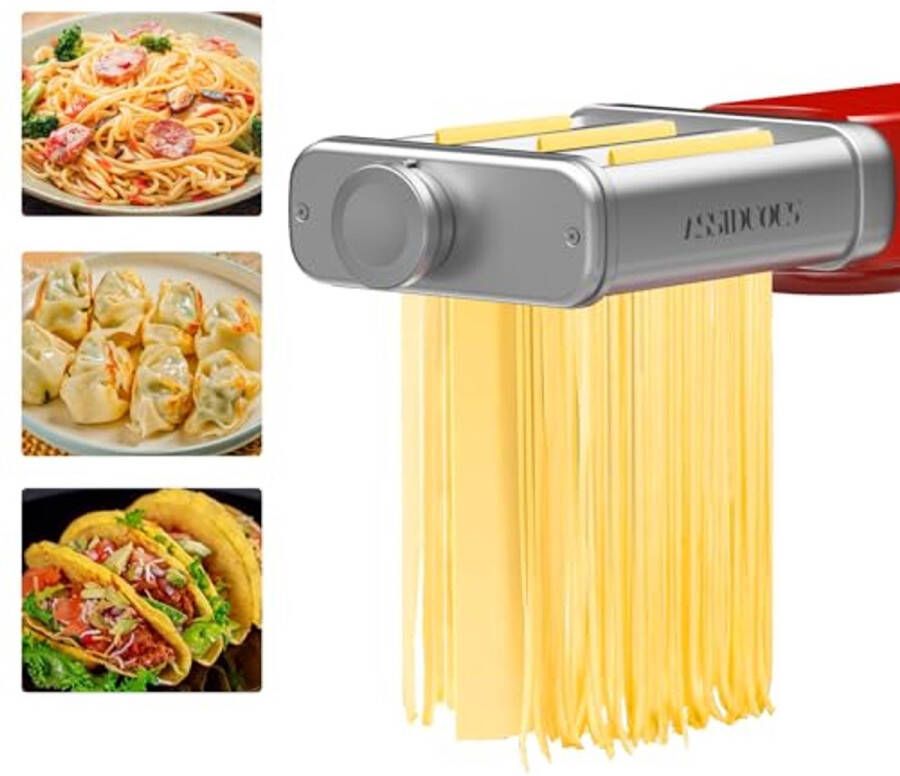 3-in-1 Pastamachine voor Keukenmachine Roestvrijstalen Pastazetstuk met Spaghettisnijder en Fettuccinisnijder