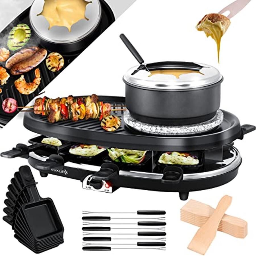 3-in-1 Raclette Grill met Natuurlijke Grillsteen en Fonduepan voor 8 Personen