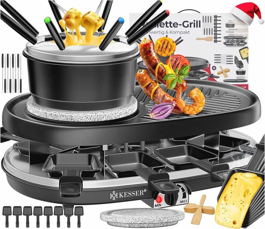 3-in-1 Raclette Grill met Natuurlijke Grillsteen en Fonduepan voor 8 Personen - Foto 2