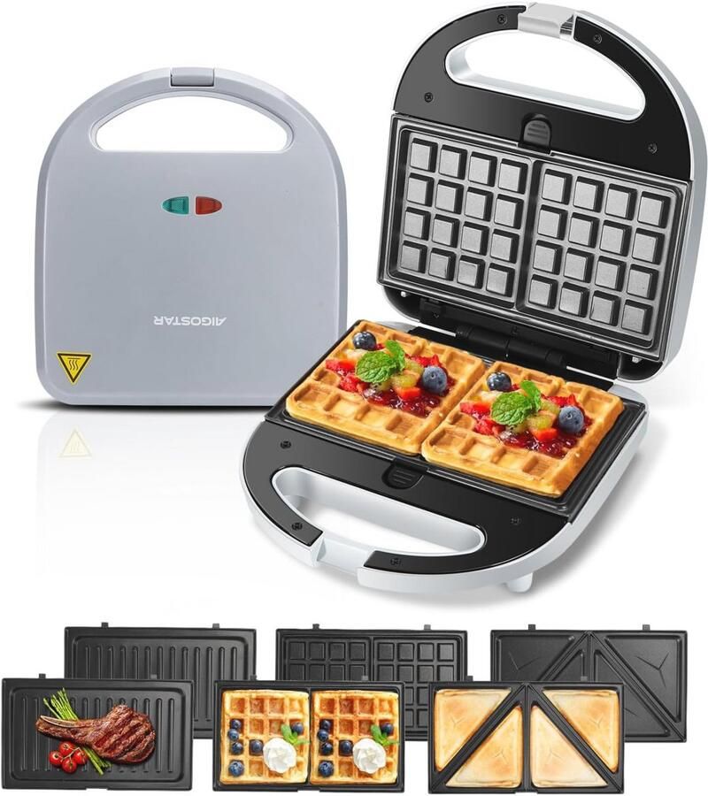 3-in-1 Sandwichmaker Grill en Wafelijzer met Afneembare Platen 750W Antiaanbaklaag en Automatische Thermostaat
