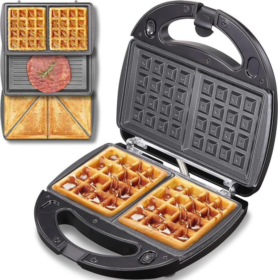 3-in-1 Sandwichmaker met Afneembare Platen Wafelijzer Grill en Broodrooster 800 W