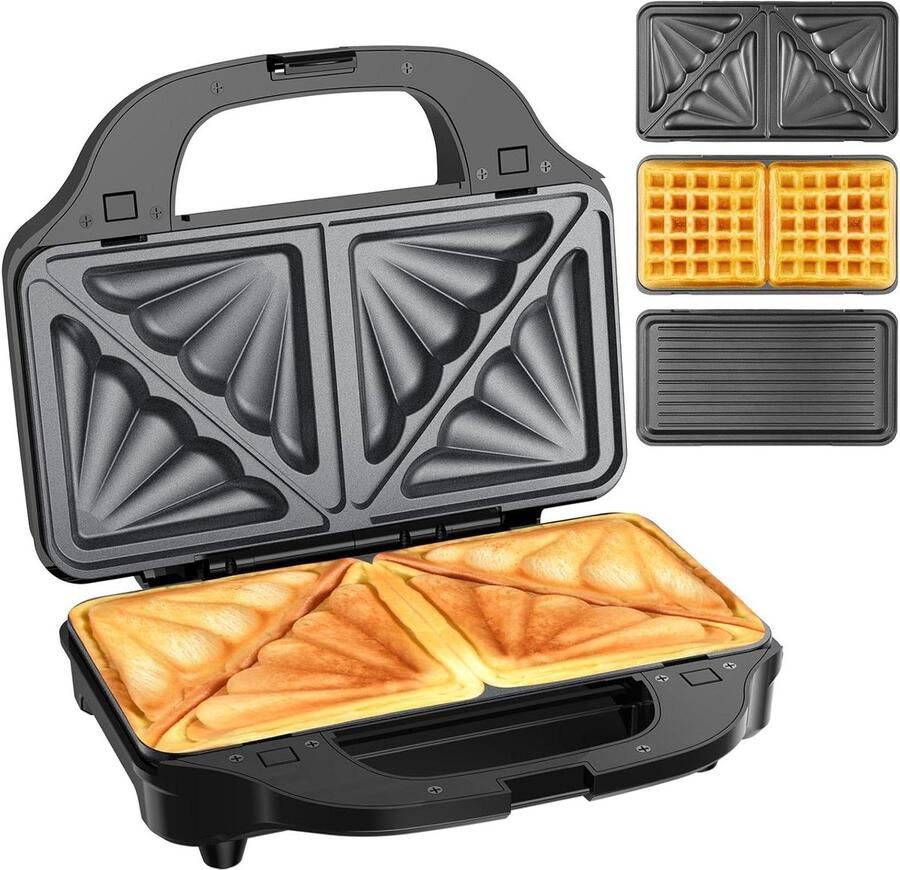 3-in-1 Sandwichmaker Tosti Apparaat Wafelijzer Ontbijt Lunch Diner Verwisselbare Platen 900 Watt Zwart