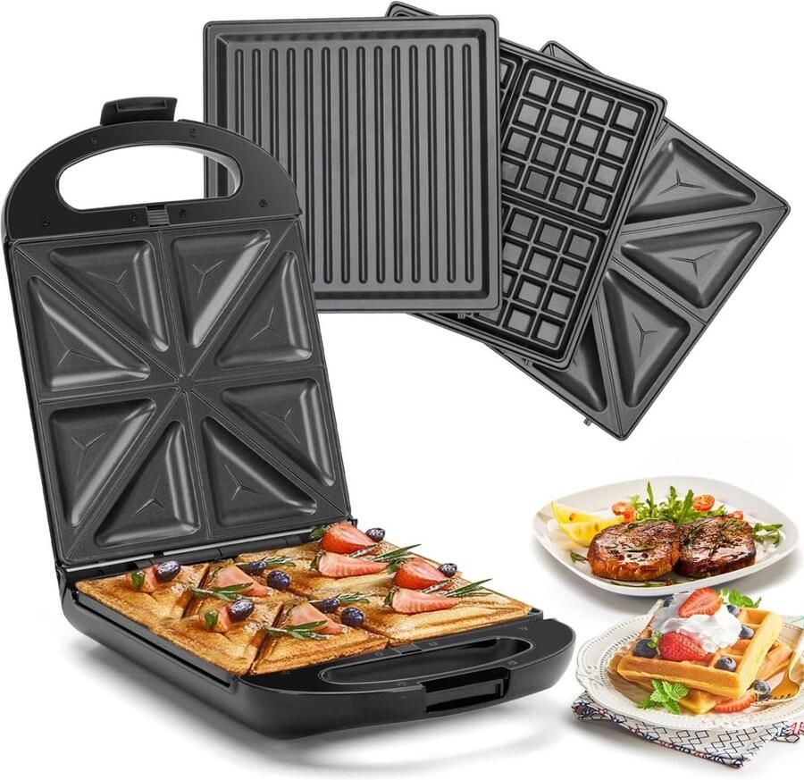 3-in-1 Sandwichmaker Wafelijzer Bakplaat Snelle Maaltijden Bereiden 180 Graden Draaibaar 4 Sandwiches Multicolor
