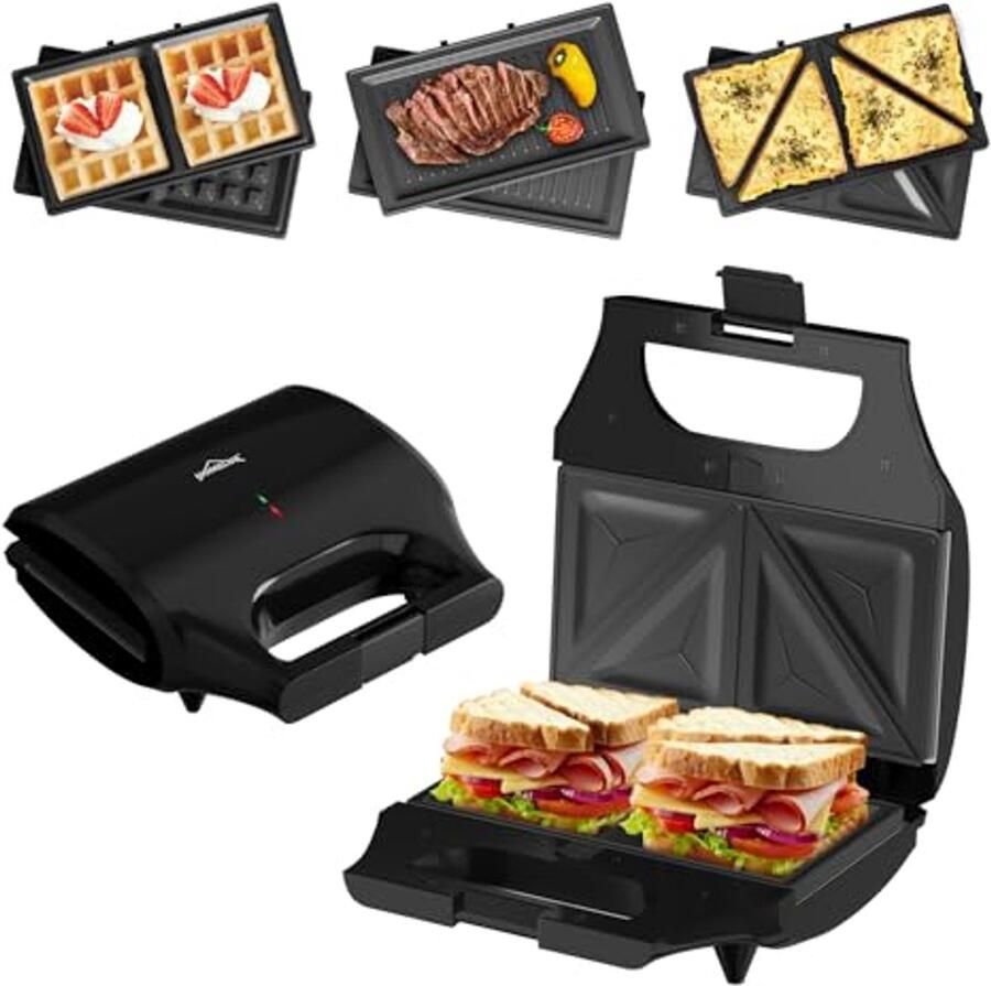 3-in-1 Sandwichmaker Wafelijzer & Contactgrill Multifunctioneel Keukenapparaat met Afneembare Platen 800W