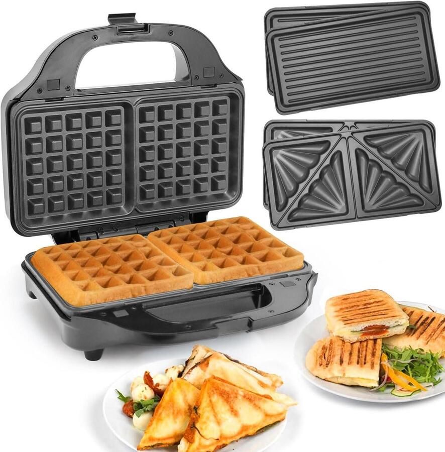 3-in-1 Sandwichmaker Wafelijzer Grill Snacks Maken Afneembare Platen 900 W Zwart