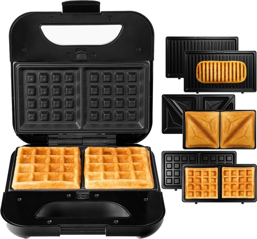 3-in-1 Sandwichmaker Wafelijzer Grill Snelle Snacks Maken Verwisselbare Platen 800 Watt Zilver Zwart