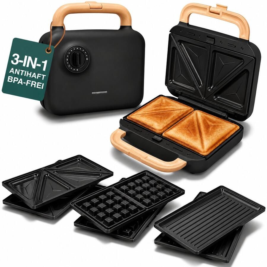 3-in-1 Tosti-ijzer 750W – Wafelijzer Contactgrill en Sandwichmaker – 3 Verwisselbare Uitneembare Platen – Voor Tosti Panini Wafels en Grillen