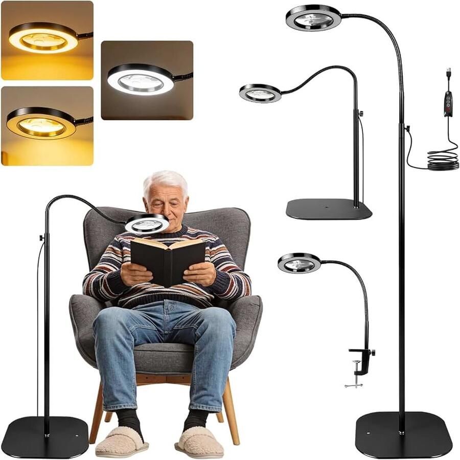 3-in-1 vergrootglas met licht en standaard 10 x 360° vloerlamp led-vergrootlamp met flexibele zwenkarm 3 kleurmodi traploos leesloep voor senioren groot om te lezen knutselen hobby