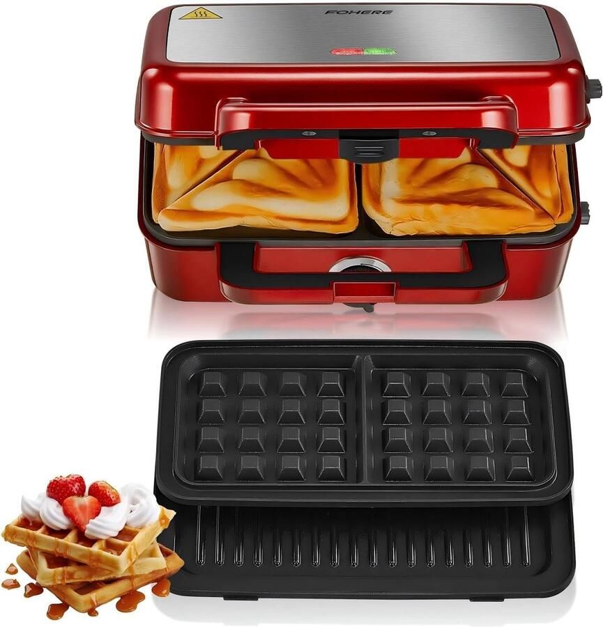 Apparaat 3-in-1 Sandwichmaker Wafelijzer Snelle Maaltijden 5-traps Temperatuurregeling 1200 Watt Vintage Rood