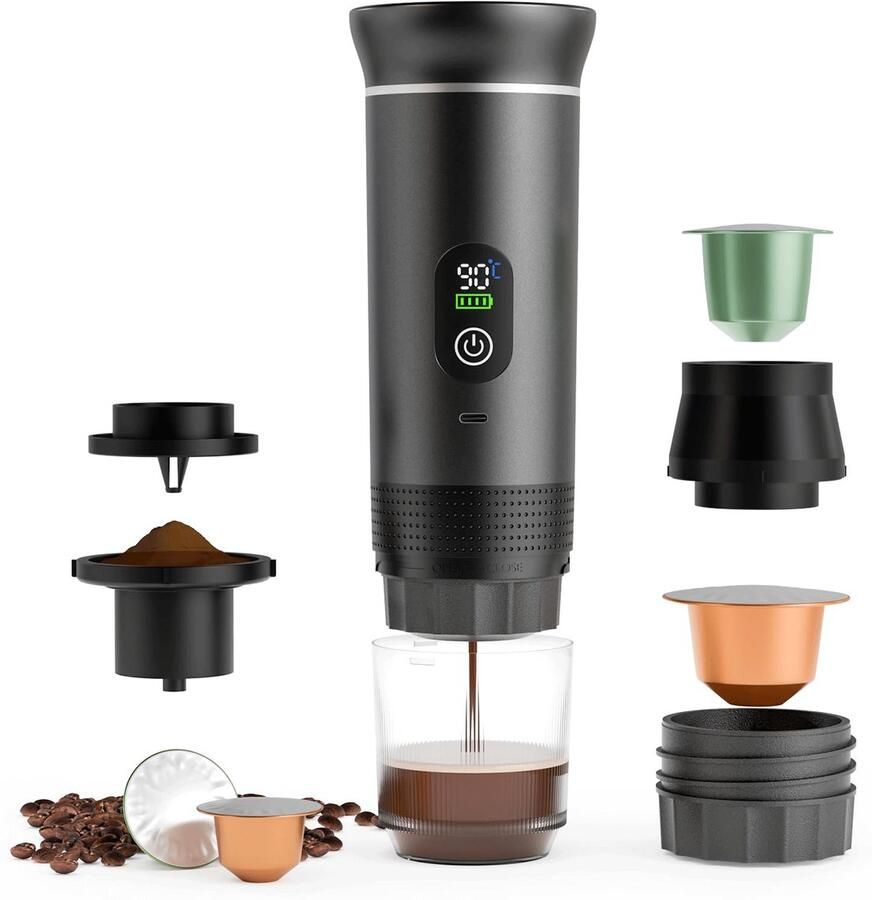 3 in1 Koffiezetapparaten voor onderweg Koffiezetapparaat Draagbaar koffiezetapparaat Elektrische koffiebeker 80 ml Met display Compatibel met capsules en gemalen koffie USB oplaadbaar Zwart
