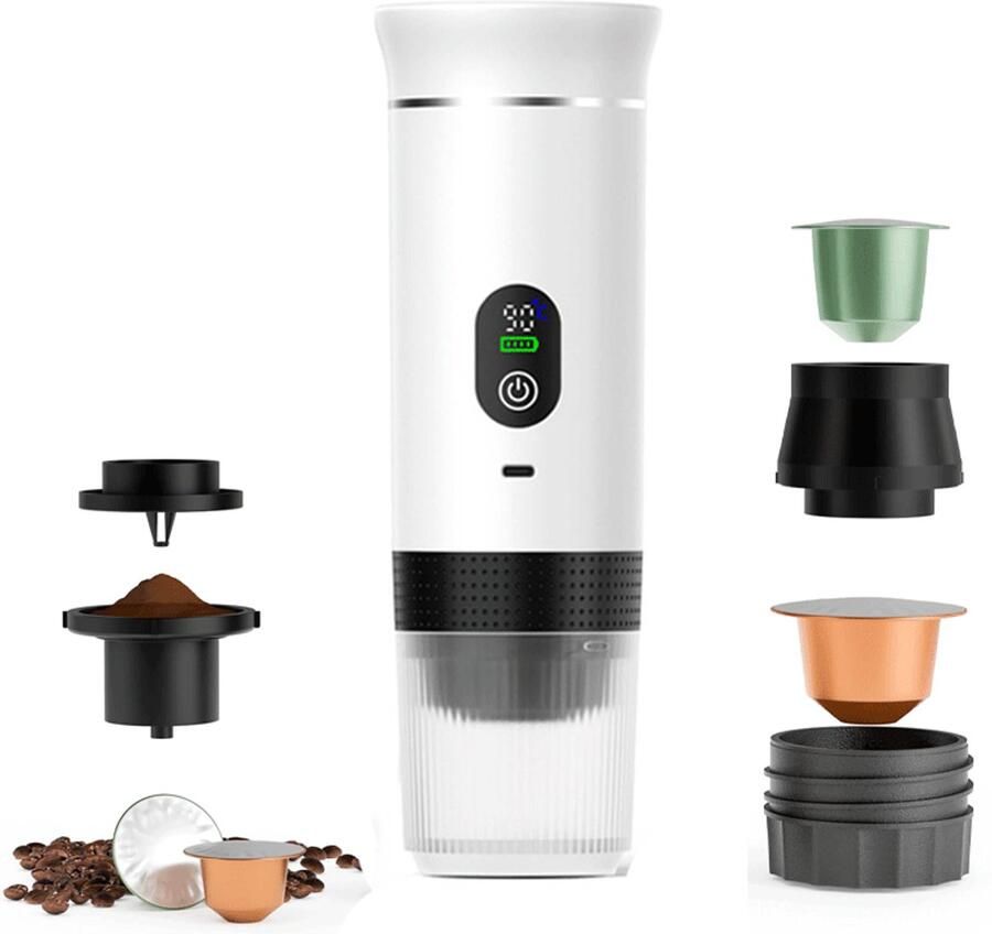 3 in1 Koffiezetapparaten voor onderweg Koffiezetapparaat Draagbaar koffiezetapparaat Elektrische koffiebeker 80 ml Met display Compatibel met capsules en gemalen koffie USB oplaadbaar Wit
