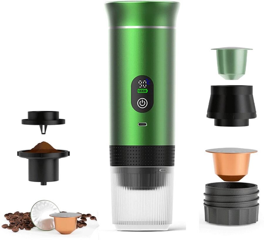 3 in1 Koffiezetapparaten voor onderweg Koffiezetapparaat Draagbaar koffiezetapparaat Elektrische koffiebeker 80 ml Met display Compatibel met capsules en gemalen koffie USB oplaadbaar Groen