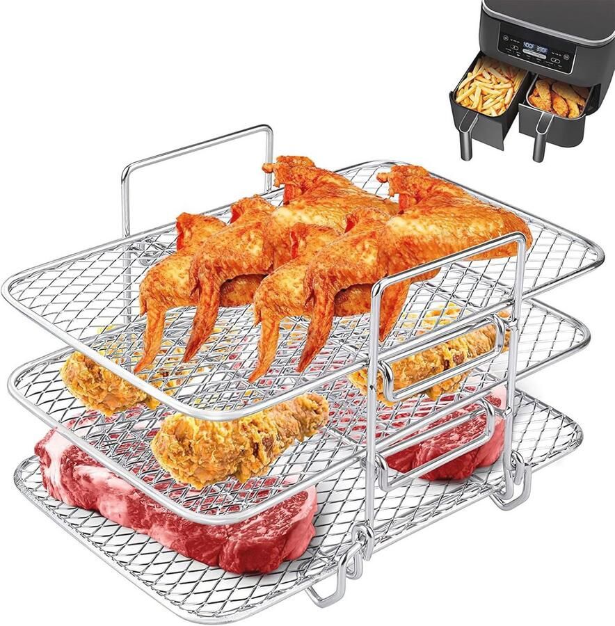 3-laags Airfryer Rack RVS Kookrek voor Gezond Koken