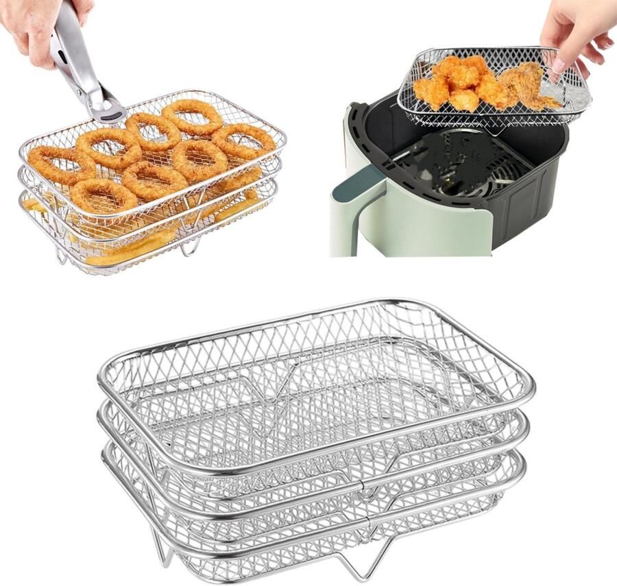 3 laags frituurpan BBQ rek Steak Koelrek Stapelbaar droogrek Ovenrooster Geschikt voor ovens en airfryers voor het drogen grillen en frituren van voedsel (19*13 5 cm Zilver)