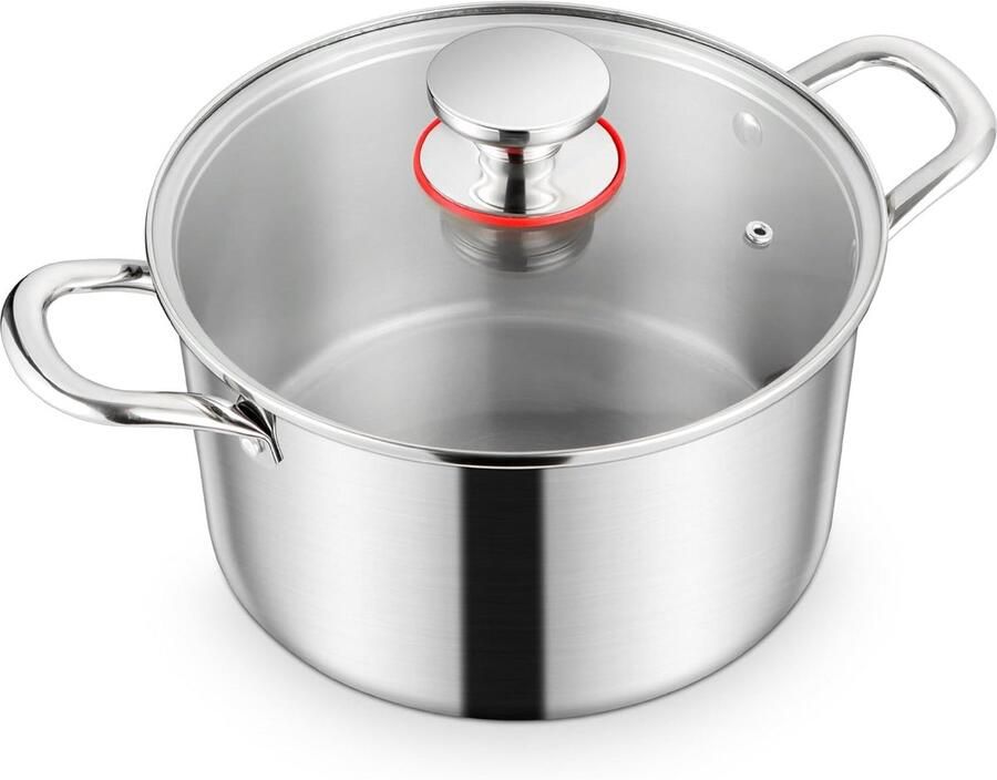 3-Laags Roestvrijstalen Kookpan 20 cm met Glazen Deksel Gezonde Soeppan voor Inductie en Alle Warmtebronnen