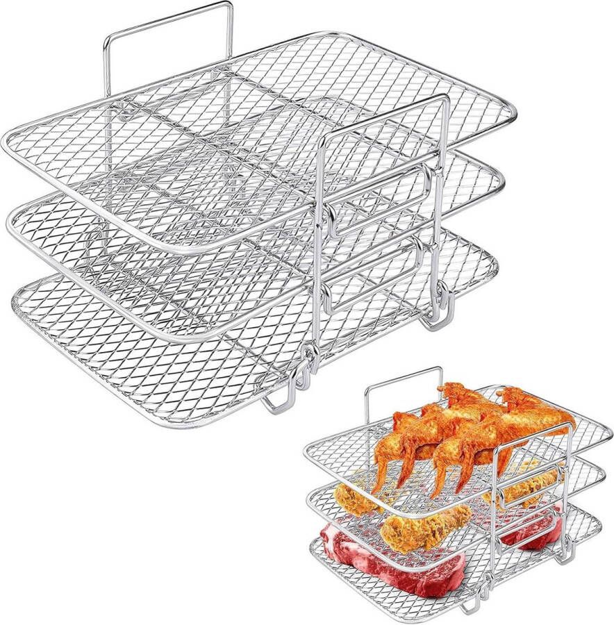 3-laags roestvrijstalen luchtfriteuse rek multifunctioneel kookrek accessoires voor dubbele mand luchtfriteuse geschikt voor braadoven en magnetron airfryer accessoires