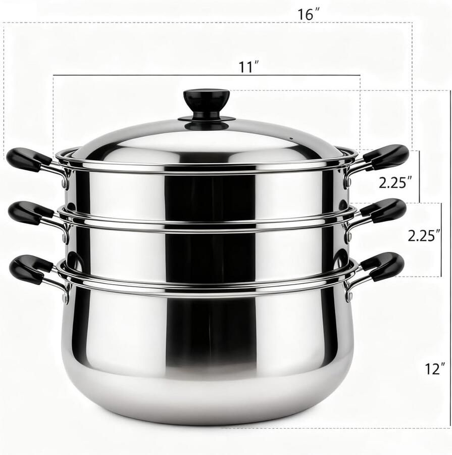 3-Laags RVS Stoompan Set Stapelbaar voor Groenten Vis en Dim Sum Universeel Bruikbaar