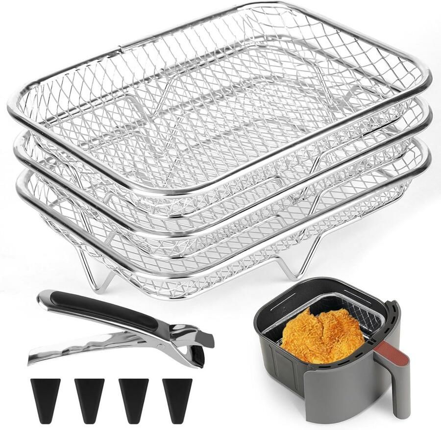 3-laags Stapelbaar Rooster voor Heteluchtfriteuse RVS Airfryer Accessoire