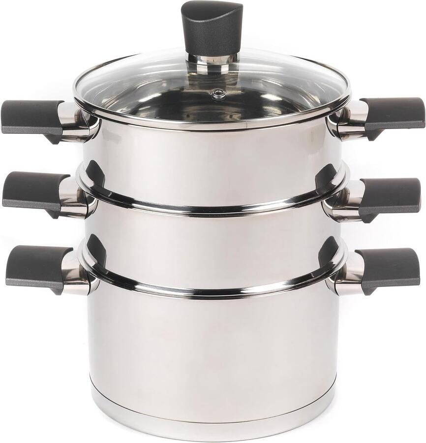 3 Laags Stoompan met Tempered Glass Deksel 18 cm Geschikt voor Inductie