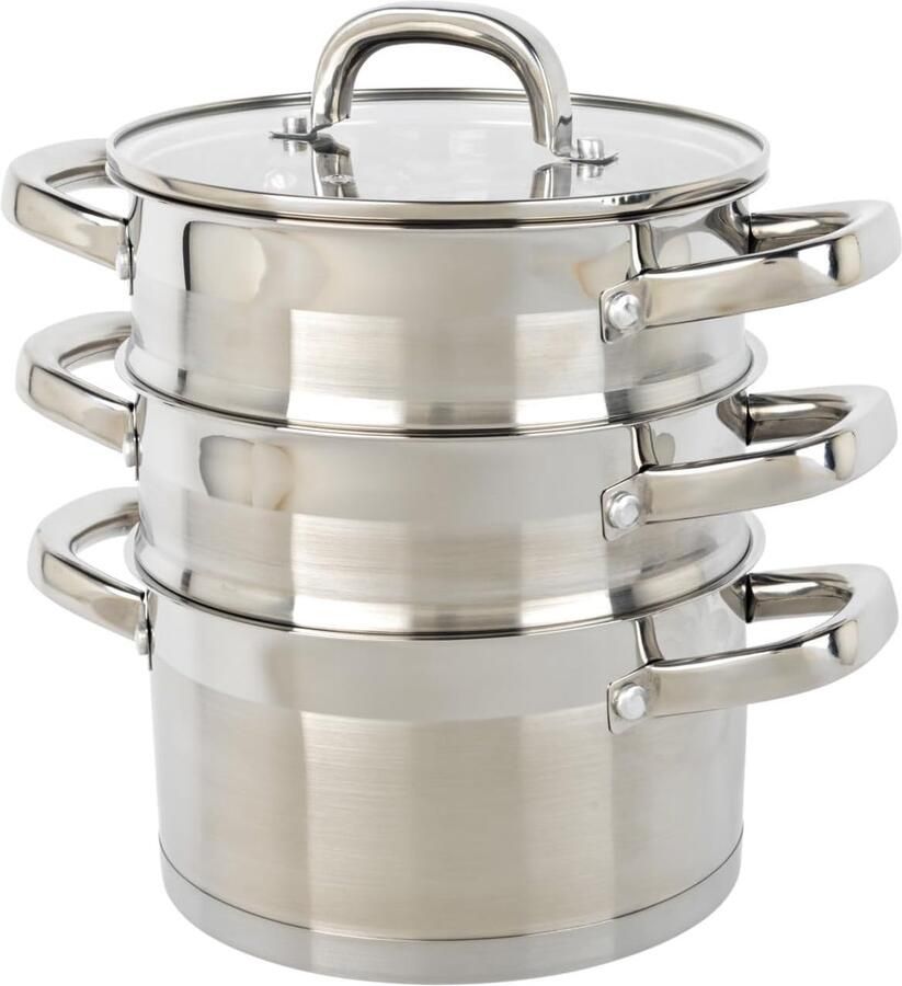 3-Laags Stoompan Set 18 cm RVS Stapelbare Pan met Glazen Deksel Geschikt voor Alle Warmtebronnen