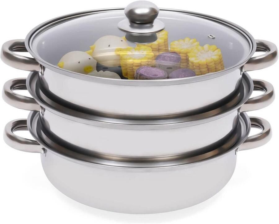 3-Laags Stoompan Stoomkoker RVS Gezond Koken Vrij Te Combineren 28 cm Zilver