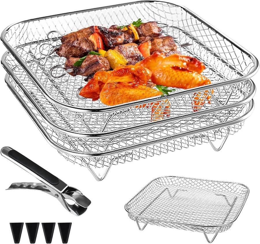 3-laags Universele Airfryer Rack Set Stapelbare RVS Grillroosters