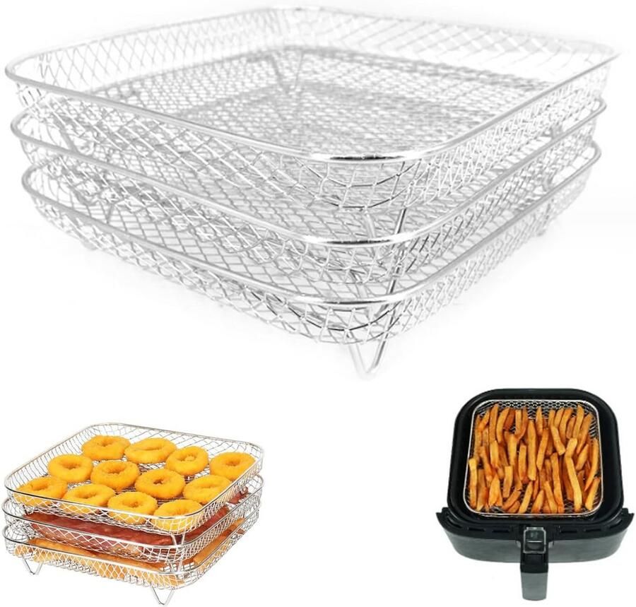 3-Laags Vierkant Airfryer Accessoire RVS Stapelbaar Rooster