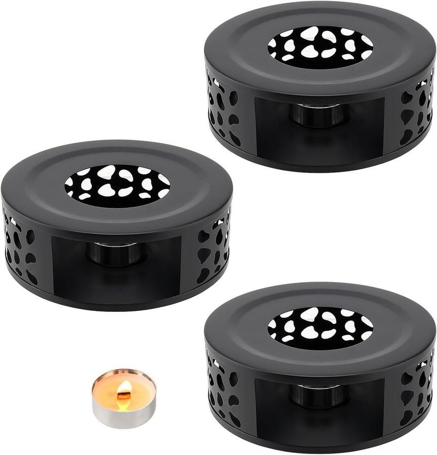 3-Pack 15cm Theepot Warmhouder met Teelicht Houder en Holle Frame Ontwerp RVS Warmhoudbasis voor Theesets Koffie en Hittebestendige Schalen Zwart