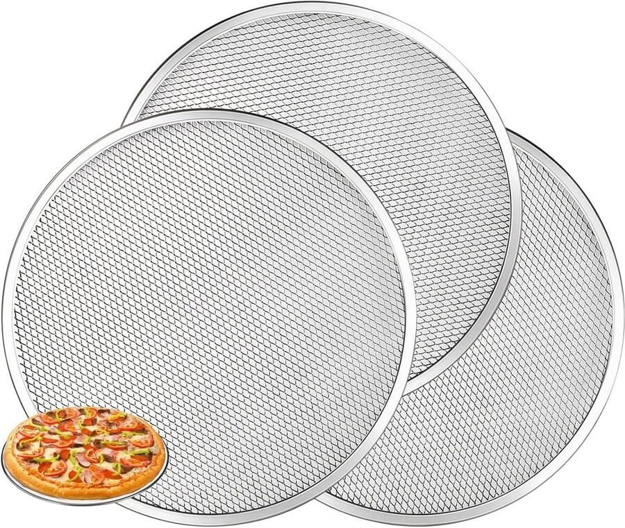 3-Pack Aluminium Mesh Pizza Trays Duurzame Niet-Plakkerige Ovenschalen voor Perfecte Pizza's (30 cm Zilver) Ideaal voor Thuisgebruik en Barbecues
