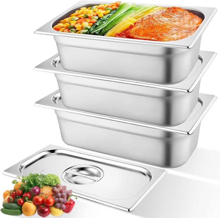 3-Pack RVS Stoomtafel Pannen met Deksel Voedselopslag Containers Diepte 2.5 Inch Ideaal voor Catering Buffet en Restaurant Keuken