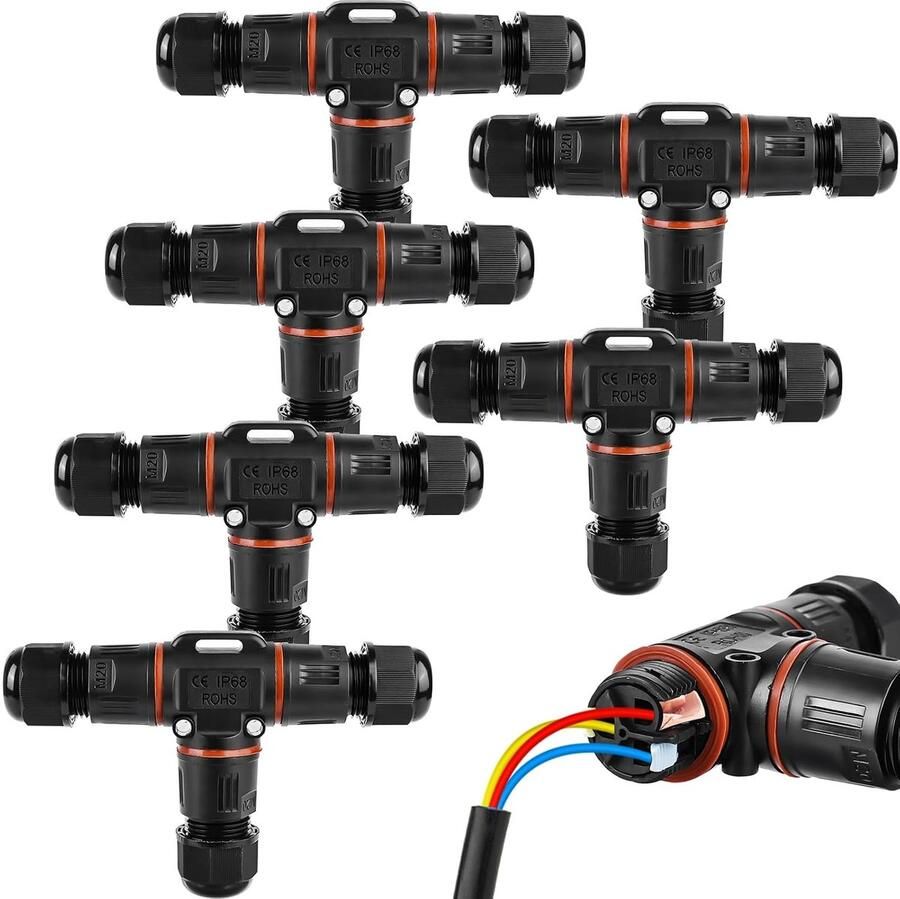 3-Pin waterdichte IP68 T-vormige kabelverbinders 3-pack zwart polycarbonaat + polyamide 66 voor kabels 3-12mm tot 450V geschikt voor buiten tuin verlichting