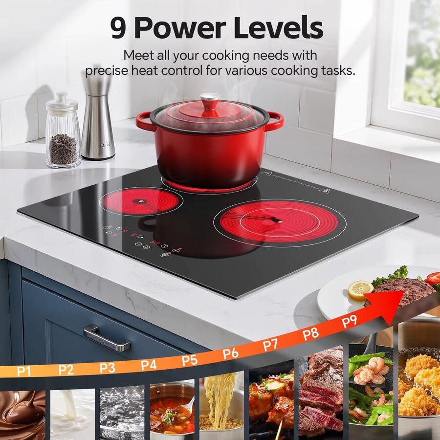 3-Pits Keramische Kookplaat – 5400W – 59 × 52 cm – Touchbediening – Timer – Kinderslot – 9 Warmtestanden – Zwart Ideaal voor Kleine Keukens Studio s en Studentenwoningen