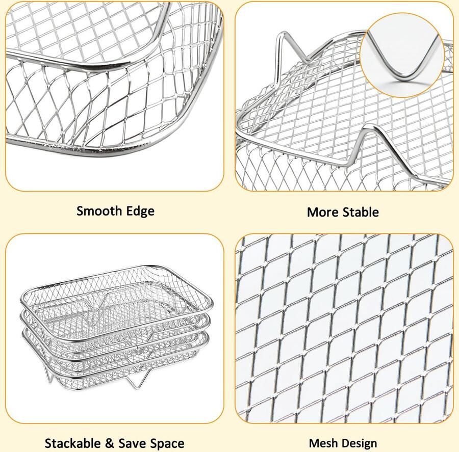 3 Stks Airfryer Rack Stapelbare Air Fryer Accessoires 7.8 inch Rvs Air Fryer Mand Lade Multi-Layer Dehydrator Rack voor Bakken Roosteren (Rechthoek)