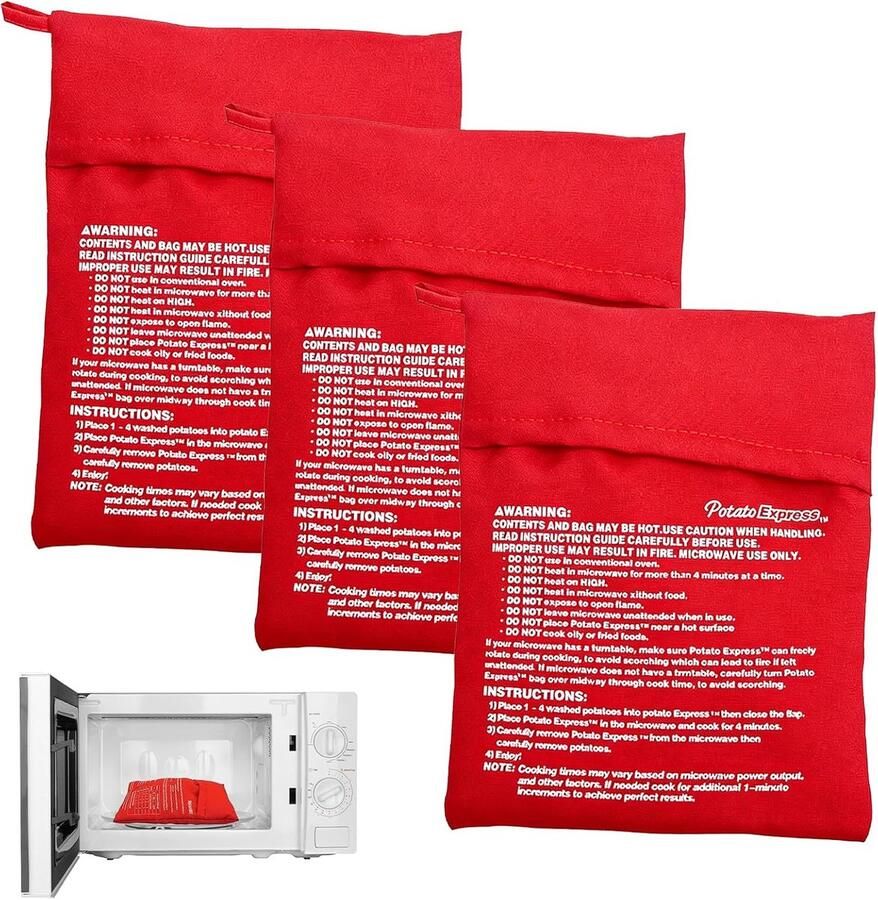 3 stuks aardappelkookzakken voor magnetron tas voor het koken van aardappelen in de magnetron wasbaar herbruikbaar gelijkmatige verwarming voor maïs brood tortilla's snelle