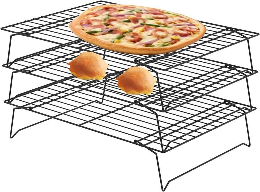 3 stuks afkoelrooster roestvrij staal taartrooster stapelbaar opvouwbaar taartrooster rechthoekig 34 x 24 cm taartrooster voor grillen wafels taarten brood koekjes cupcakes