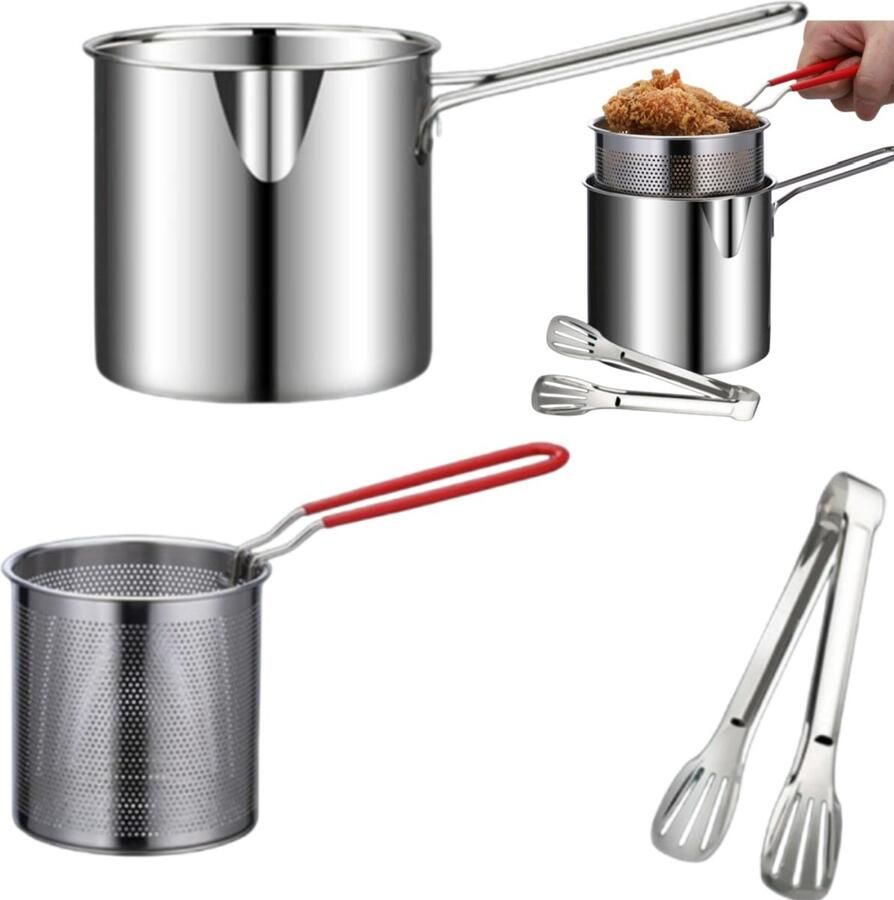 3 stuks Diepe koekenpan van roestvrij staal + vergiet + clip Draagbaar en gemakkelijk schoon te maken met vergiet Frituurpan voor kip thuis Kleine frituurpan 27*12*12 cm Voor frituren in de keuken Zilver