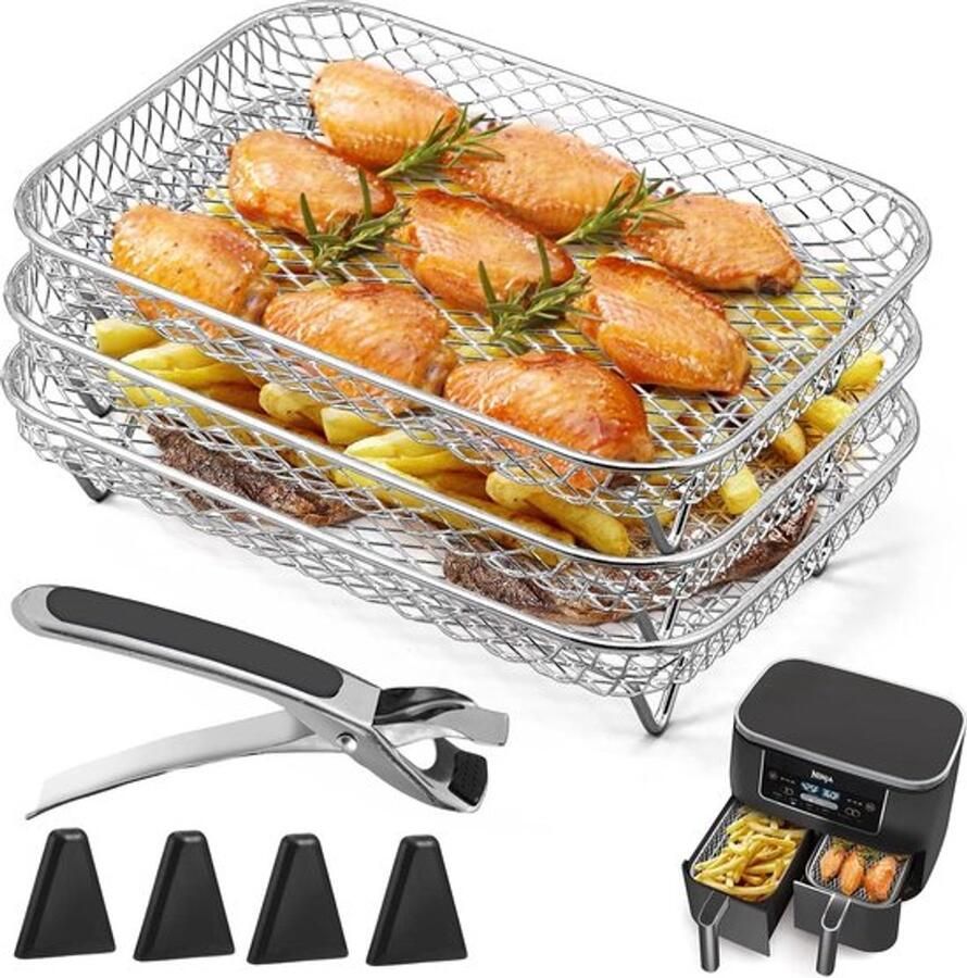 3 stuks gelaagde dehydrator rekken Airfryer Rek met clip en verhoogde voetjes Dehydratorrek voor airfryer ove Vierkante RVS Heteluchtfriteuse Accessoires voor dubbele mand Airfryers - Foto 1