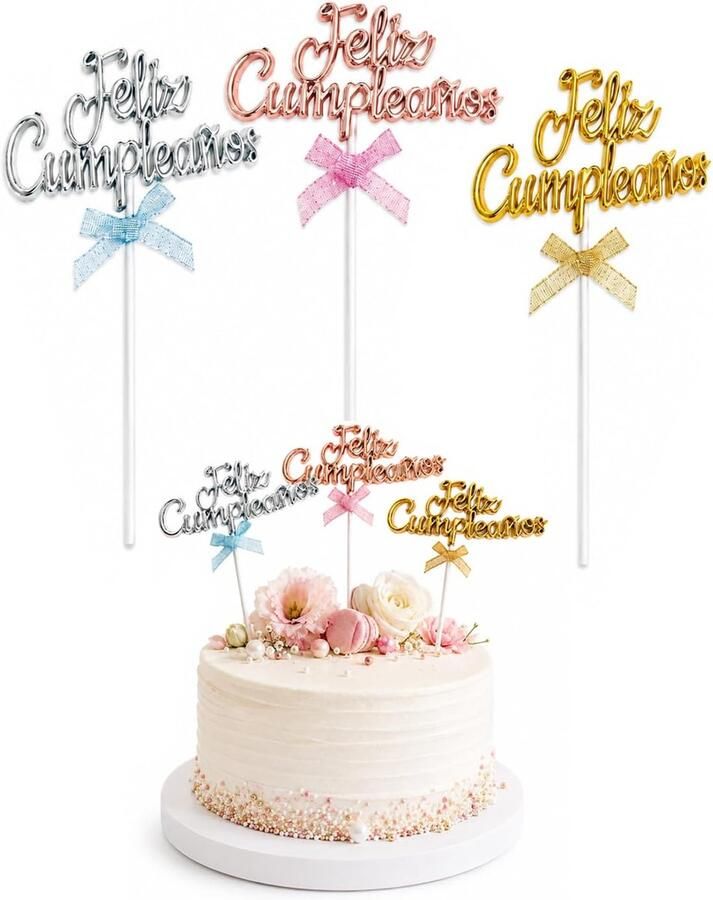 3 stuks Happy Birthday taartdecoratie – Feliz Cumpleaños in het Spaans acryl taartdecoratie goud zilver roségoud taarttopper verjaardag voor feest en jubileum
